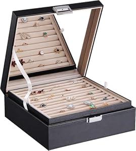 BEWISHOME Ring Organizer and Earring Box Holder - 11 Ring Slots, 25 Earring Compartments, Large Mirror, 2 Layers Jewelry Box Tray Cufflinks Storage for Girls Women Men, Black Faux Leather SSH21B