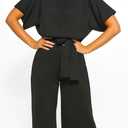 CHARTOU Women's Short Sleeve Bow Tie Wide Leg Cropped Capri Romper Palazzo Pants Jumpsuit (Black, M)