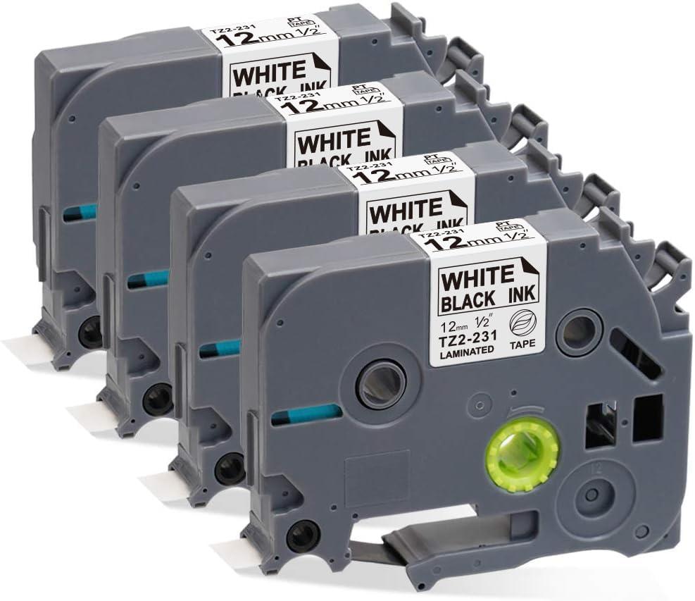 4 Pack Label Tape Compatible with Brother TZe-231 Tape 12mm 0.47 Laminated White for Brother P Touch Label Maker PT-D200 PT-D210 PT-H100 PT-D600 (Black on White)