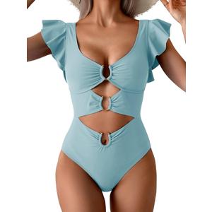 B2prity Women One Piece Swimsuit Tummy Control Ruffle Sleeve V Neck Bathing Suit Cutout Sexy High Waisted Monokini 2XL