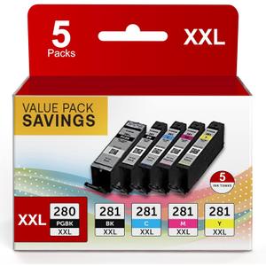 PGI-280XXL/CLI-281XXL Replacement for Canon 281 Ink Cartridges 5 Color Value Pack for Canon 280 281 Ink Cartridges Compatible with PIXMA TR8520 TR8620a TR8620 TR7520 TR8600 TS6120 TS6220 TS9120 (1 PGBlack, 1 Black, 1 Cyan, 1 Yellow, 1 Magenta)