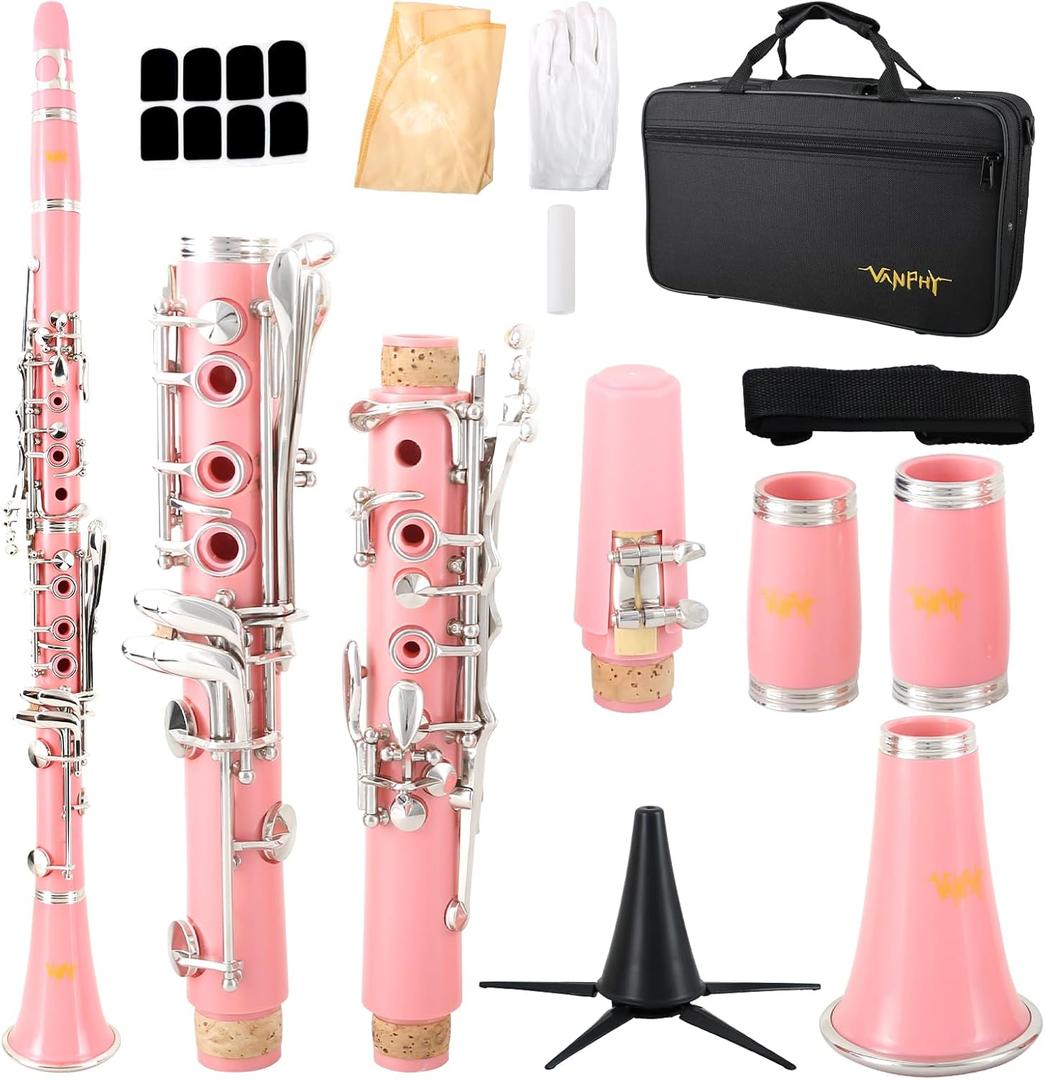 Bb Clarinet For Beginners Students B Flat Clarinet 17 Keys Clarinet with Case Stand Strap 2 Barrels 8 Mouthpiece Cushion White Gloves(Pink)