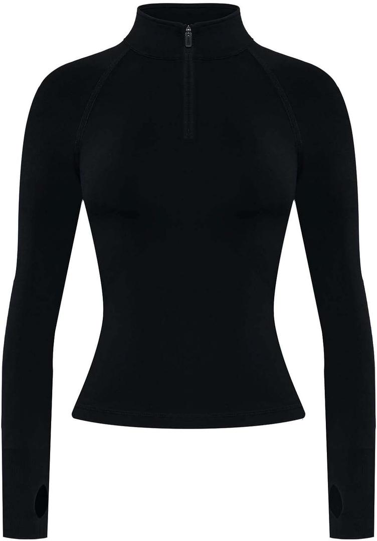 AUROLA Influence Workout Jacket for Women, Half Zip Cropped Slim Fit Long Sleeve Yoga Jackets Athletic Top with Thumb Holes (Large, Black)