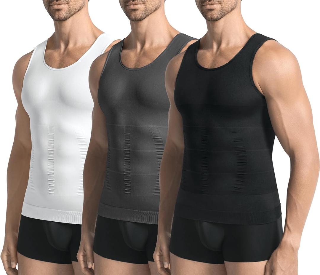 3 Pack Compression Shirt Men Slimming Body Shaper Tummy Control Vest Workout Tank Top Shapewear, L