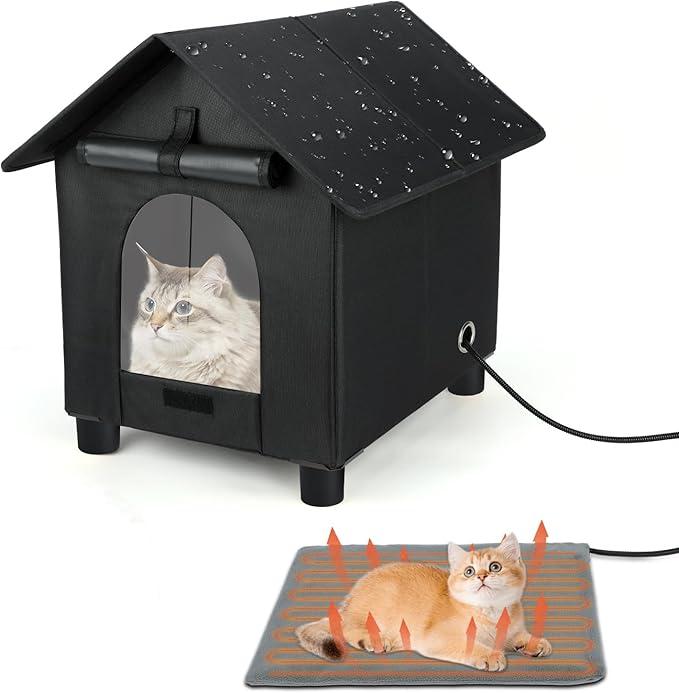 Heated Cat House in Winter Waterproof, Elevated Heated Outdoor Cat House Insulated Outside Feral Cats Houses Shelter with Escape Door for Cats or Small Dogs (Black, Large(17.3"x20.9"x20.8“))