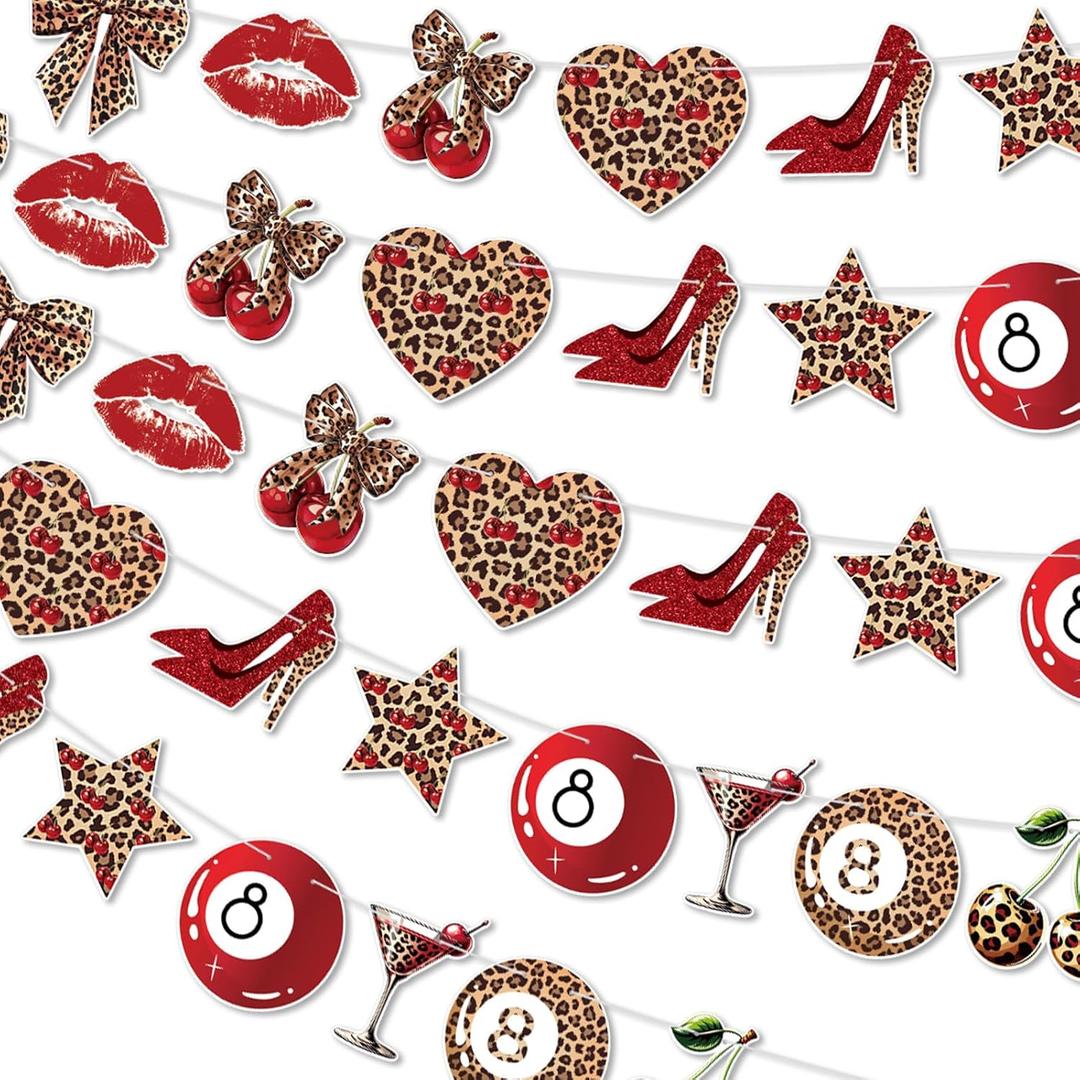 5 Pcs Cherry Cheetah Decorations Cherry Cheetah Party Banner Red Leopard Bow Print Garland Birthday Backdrop Bachelorette Animal Print Party Supplies