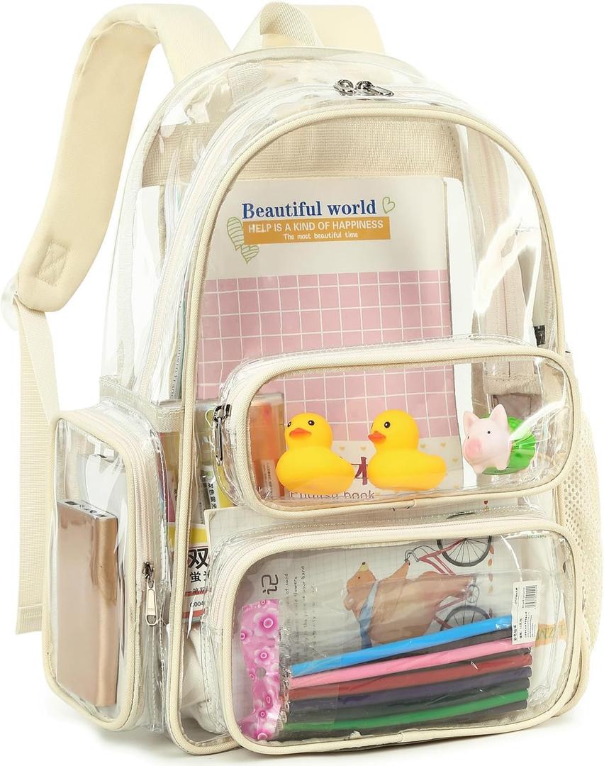 CAMTOP Clear Backpack Heavy Duty Transparent Bag for Stadium Events See Through BookBag for Student School Work Festival Sport Travel (Beige)