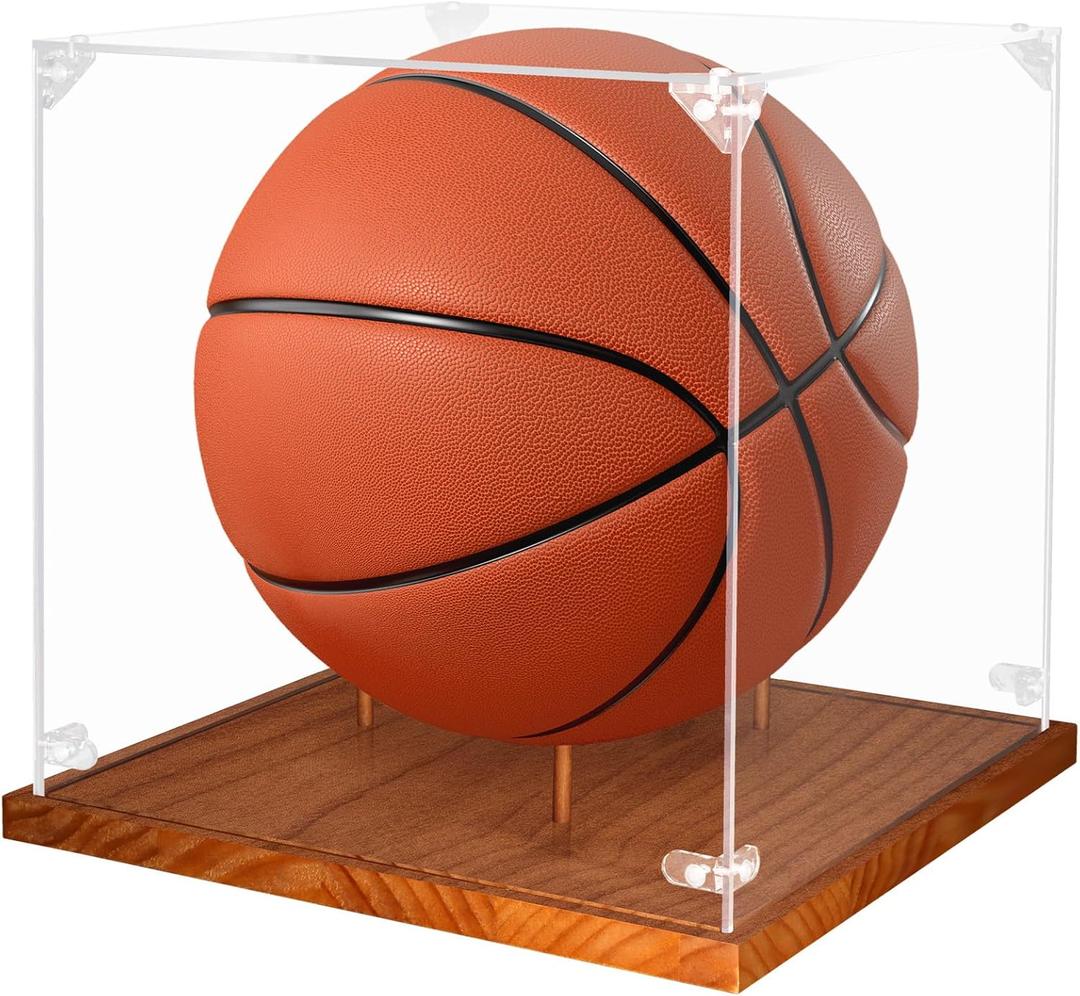 Clear Acrylic Basketball Display Case with Wood Base & Tee, Memorabilia Stand Cube Holder, Dust Protection Transparent Storage Box for Single Ball Souvenir Basketball Collections (1 Pack)