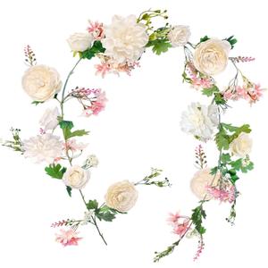 Artificial Peony Garland, 180cm/6FT Length, Fake Rose Vines, Center Flower Decoration, Hanging Silk Flowers for Wedding Decor Home Table Runner Mantle Party Decor (Champagne Peony Garland)