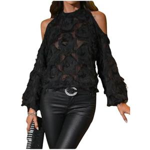 Shenhe Women's Cold Shoulder Fringe Blouse Mock Neck Long Sleeve Shirts Party See Through Tops, Black, Size Large