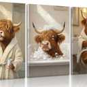 3Pcs Funny Bathroom Highland Cow Canvas Wall Art Animal Bathroom Paintings Pictures Wall Decor Rustic Farmhouse Brown Cute Cow Poster Printing Artwork for Restroom Toilet Home Decoration