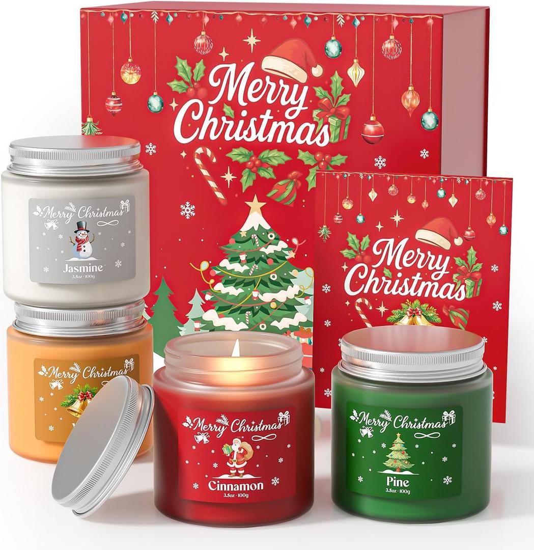 NORVENCE Christmas Candles, Scented Candle Gift Set of 4, Holiday Candles for Women and Men, Perfect Christmas Gifts for Women (Cinnamon, Pine, Vanilla, Jasmine, 14.4 oz)