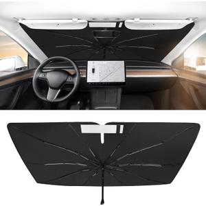 BASENOR 2017-2026 Tesla Model Y Model 3 Windshield Sunshade Umbrell [Nano Ice Crystal Particle] Front Window Shade, Coating 100% Heat Protection Retractable Sunshades
