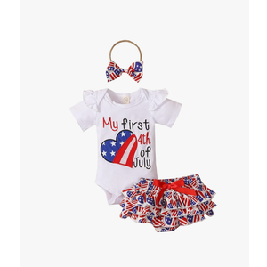 My First 4th of July Newborn Baby Girl American Flag Print Romper Star Shorts with Headband Outfits Sets, 0-3M