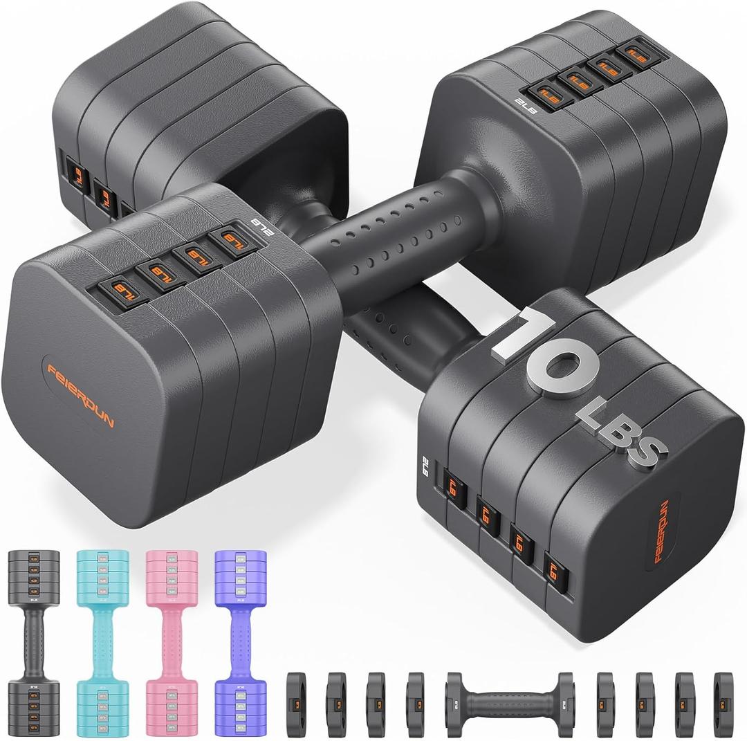 FEIERDUN 5-in-1 Adjustable Dumbbell Set of 2, 12LBS/20LBS Hand Weights for Women, Men, 1s-Adjust Dual-Stable Dumbbell Set for Women Home Gym & Outdoor (A-Strength Grey)
