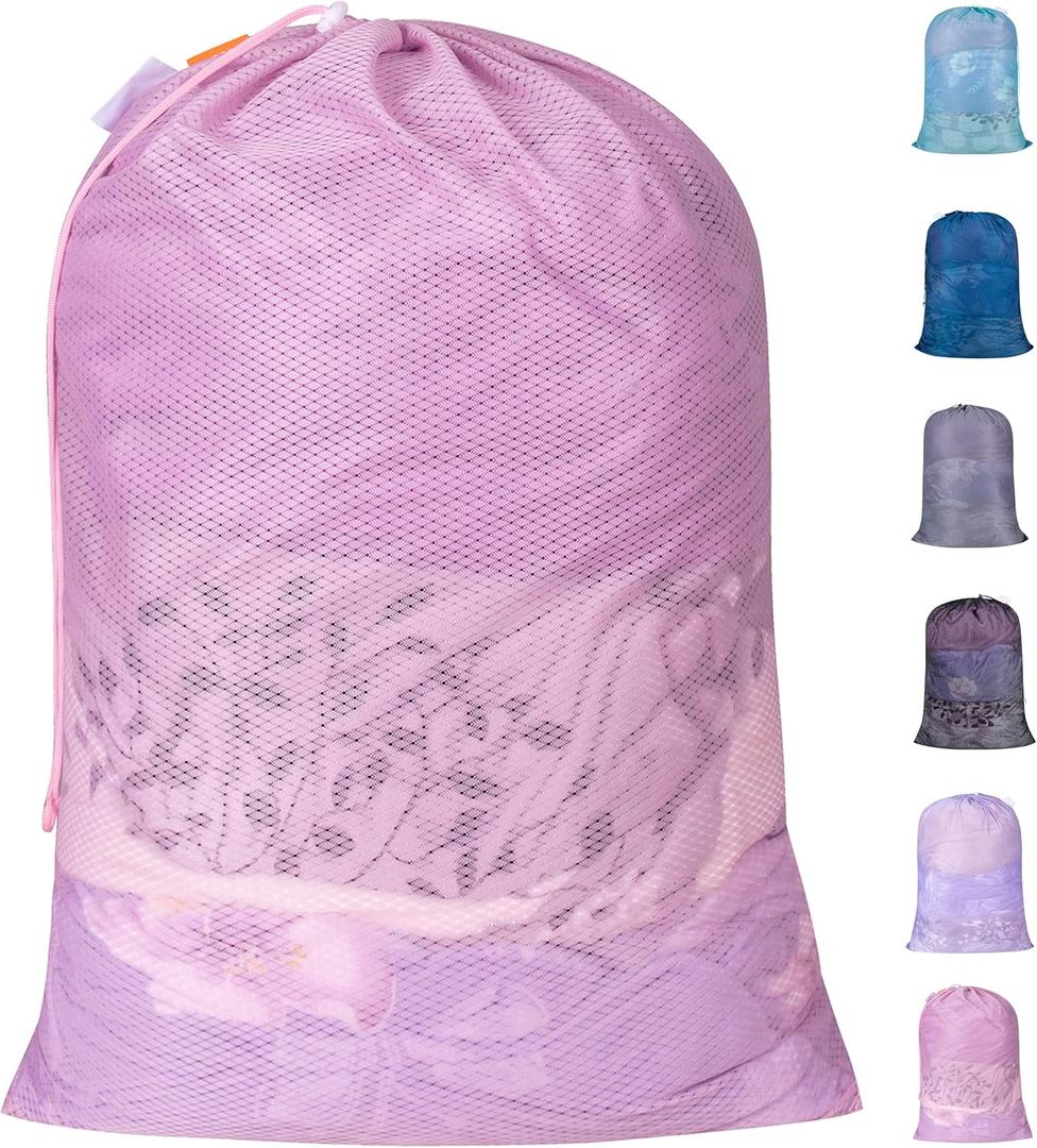 Polecasa Heavy Duty Diamond Large Mesh Laundry Bag with ID Tag and Locking Drawstring Closure - 24 x 36 inches - Laundry Hamper Liner, Washable Laundry Bags for Travel, Sports, Dorms (Pink)