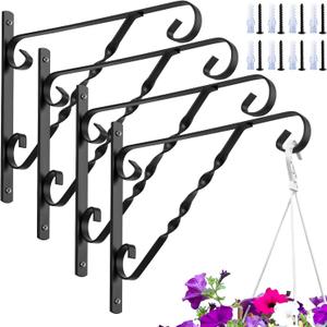 AMAGABELI GARDEN & HOME 4 Pack Hanging Plant Brackets Outdoor 12" Metal Fence Wall Plant Hanger Hooks for Hanging Flower Baskets Bird Feeders Lanterns Wind Chimes Rust-Resistant Black