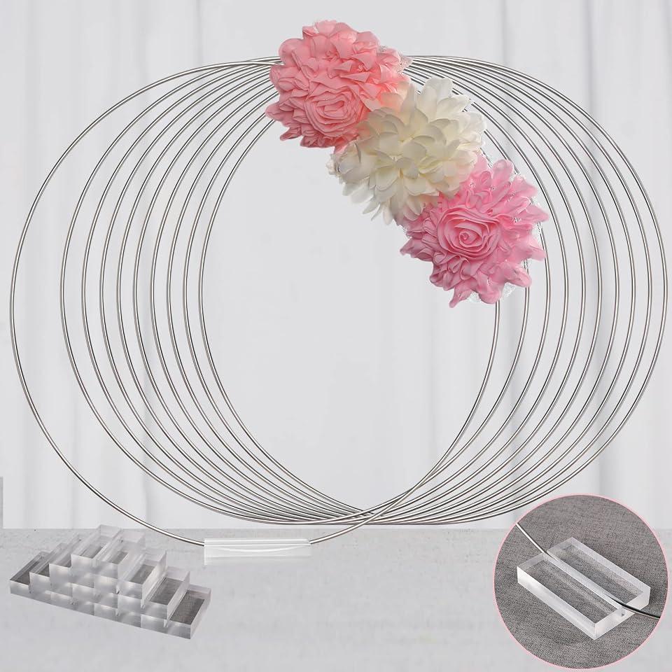 YALLOVE 10 PCS 14 Inch Floral Hoop Table Centerpiece, Silver Metal Wreath Ring Stand with Crystal Clear Acrylic Base for Balloon and Flower Decoration, Flower NOT Included