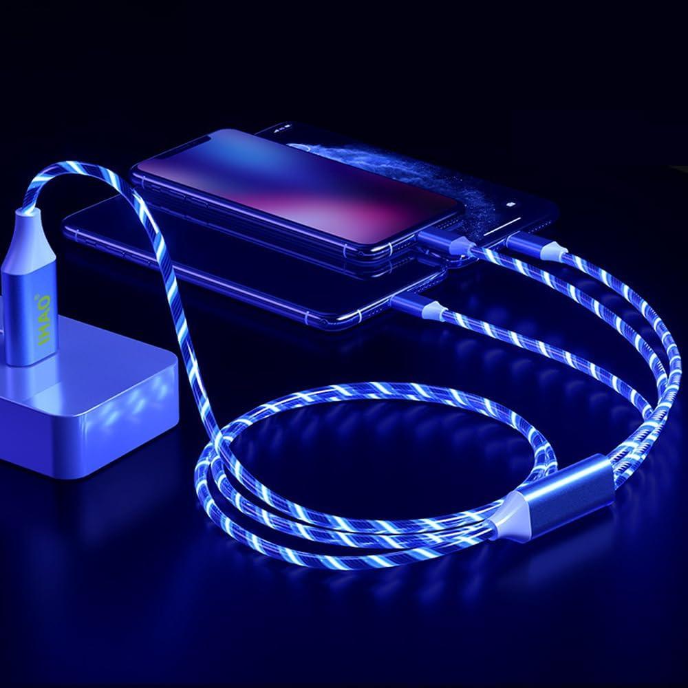 IHAO Multi Ports Charger Cable 3 Combinations in One Cable USB A to USB C/Micro USB PD Fast Charging Cord Lighted Up LED Flowing Compatible with Almost All Kinds of Electric Device-39Inches Blue