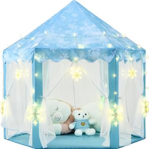 Frozen Princess Tent for Girls, Kids Play Tent with LED Large Snowflake Lights, Castle Playhouse Tent for Children Toddlers Indoor Outdoor Games, 5553 Inches