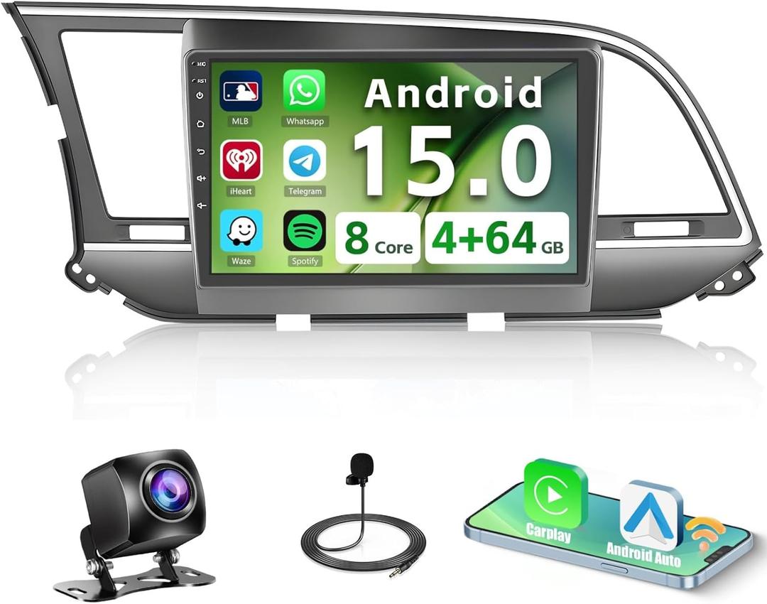 [8-Core 4+64G] Android 15 Car Stereo for Hyundai Elantra 2016-2018, Hikity 9" Touchscreen Radio Wireless Carplay Android Auto GPS 5G WiFi Bluetooth Mirror Link FM/RDS/32EQ/DSP SWC Backup Cam 59UI