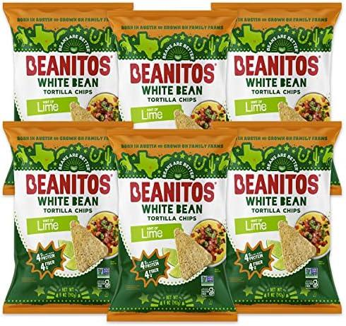 Beanitos White Bean Chips - Hint of Lime - (6 Pack) 5 oz Bag - White Bean Tortilla Chips - Vegan Snack with Good Source of Plant Protein and Fiber, Best Before 13 Apr 2026