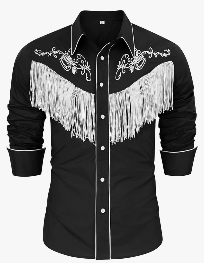 CORSKI Men's Cowboy Costume Western Long Sleeve Casual Fringe Hippie Slim Fit Button Down Shirt 3XL Black
