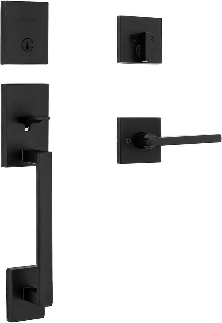Kwikset San Clemente Front Door Lock Handle and Deadbolt Set, Entry Handleset Exterior with Interior Reversible Lever, Matte Black, Pick Resistant SmartKey Rekey Deadbolt Security