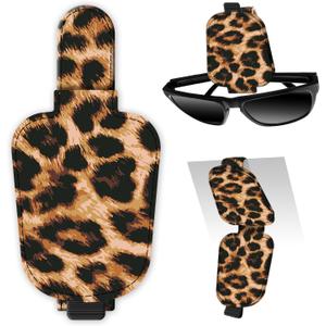 Leather Magnetic Sunglass Holder for Car Sun Visor, Cute Eyeglass Ticket Card Hanger Clip, Universal Auto Interior Accessories for SUV Pickup Truck Classic Leopard