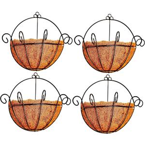 Shoplala Wall Planters for Outdoor Plants (4 Pack, 10 Inch) Metal Black Wire Flower Baskets with Coco Liner, Fence Hanging Planter Balcony Over Deck Porch Railing Rail Patio Modern Herb Outside Garden