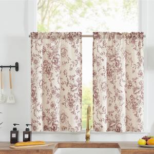 jinchan Floral Linen Tier Curtains Floral Brick Red on Beige Cafe Curtains 24 Inch Length Kitchen Living Room Bedroom Bathroom Farmhouse Rustic Country Rod Pocket 2 Panels (26"W x 24"L (Pack of 2))