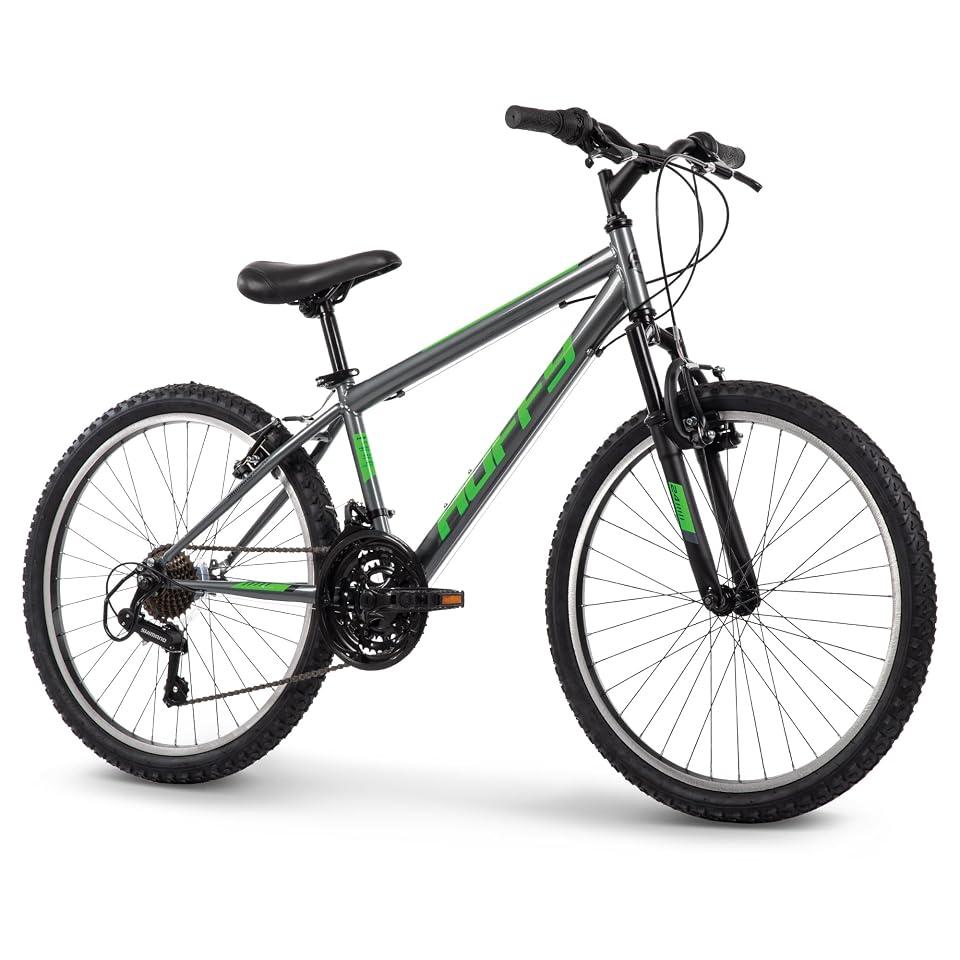 Huffy Stone Mountain Boys 24 Inch Mountain Bike, Charcoal Gloss Frame, 21-Speed Shimano Twist Shifting, Front Suspension, Comfort Saddle | 6-21 Speeds