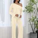 BWQ Sexy 2 Piece Outfits for Women Long Sleeve Wide Leg Pants Casual Lounge Matching Sets (Beige, XL)