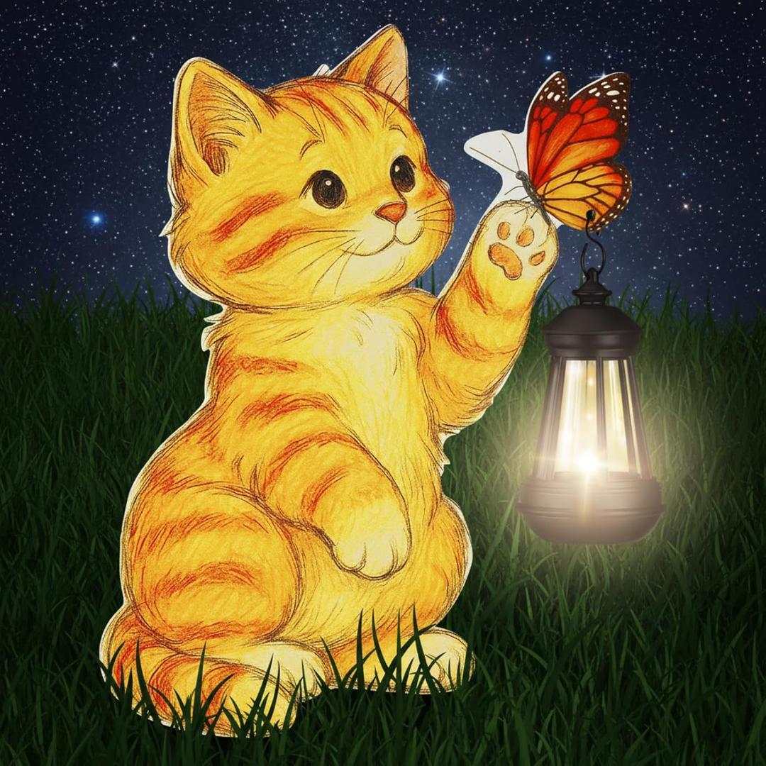 WILLBOND Cat Garden Decor Summer Outdoor Solar Lights Decor, Metal Orange Cat Garden Stake with Butterfly, Outside Stake Signs Gifts for Mom Yard Lawn Patio Unique Gift Ideas