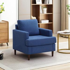 Mid-Century Accent Chair, Modern Linen Fabric Armchair for Living Room, Comfy Upholstered Reading Accent Chairs for Bedroom, Single Sofa Chair with Wood Legs (Blue, 1 Pack)