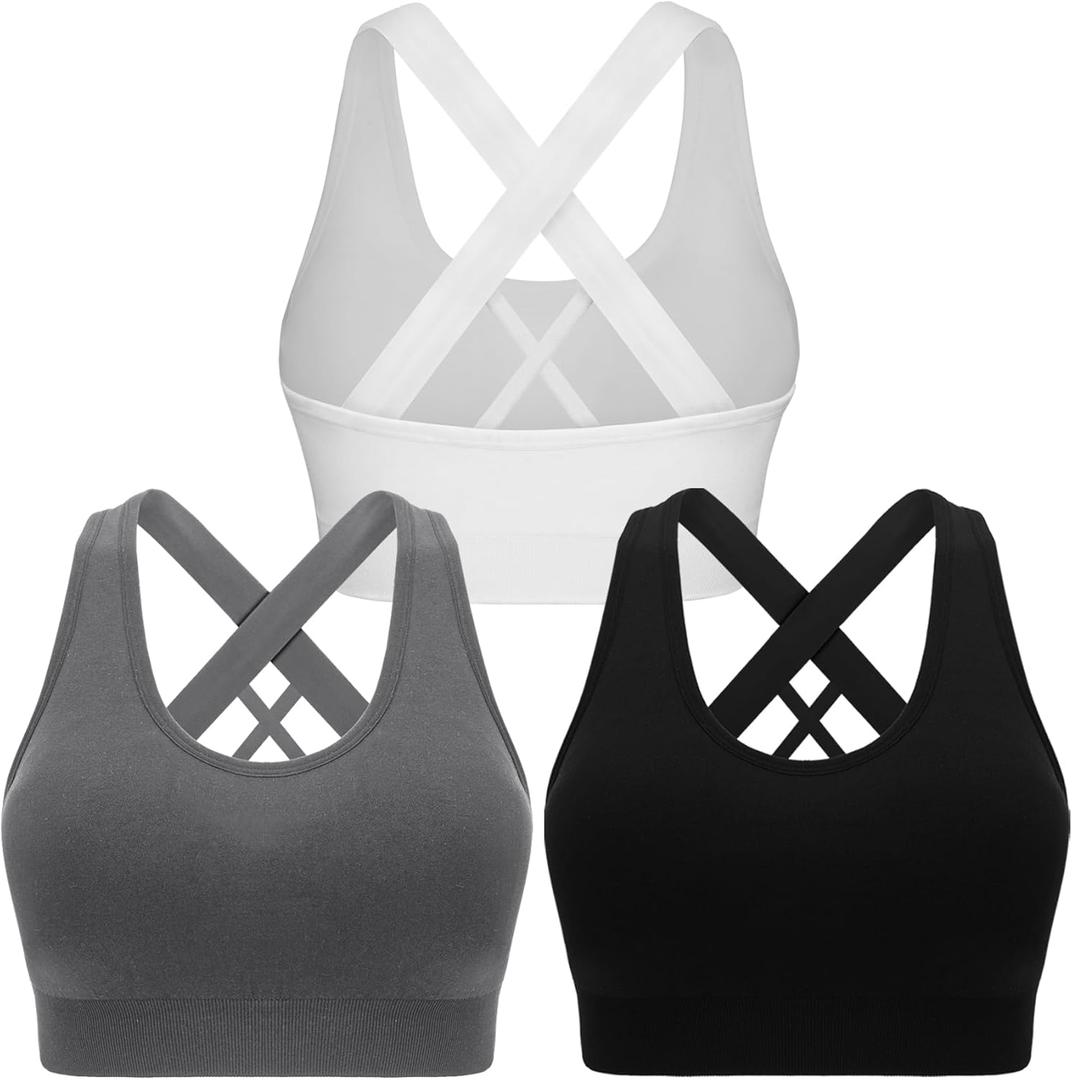 Double Couple Sports Bras for Women Padded High Impact Seamless Criss Cross Back Workout Tops Gym Activewear Bra (XX-Large, Black+ White+gray)