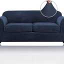 PrinceDeco Couch Cover Velvet Plush Sofa Covers for 2 Cushion Couch Width Up to 90 Inch Washable Furniture Protector Pet Friendly No Slip Sofa Slipcover(Medium-Large, Navy)