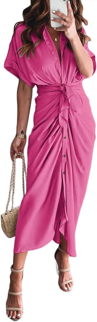 Women Elegant Satin Button Down Short Sleeve Maxi Shirt Dress with Belt (Pink, XL)