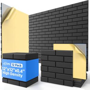 12 Pack Acoustic Panels with Self Adhesive, 12" X 12" X 0.4" High Density Sound Proof Foam Panels for Walls, Soundproof Wall Panels, Brick Sound Absorbing Panels for Home Studio Office Decor - Black
