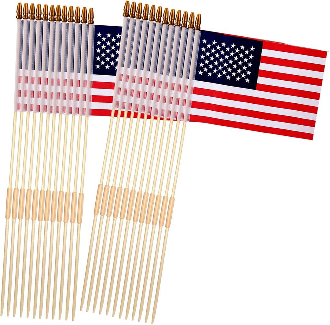 24Pack 8x12 Inch American Flags on Stick, US Flag, 4th of July Decorations, Hand Held Flags With Kid-Safe Spear Top, Polyester Full Color Tear-Resistant Flag