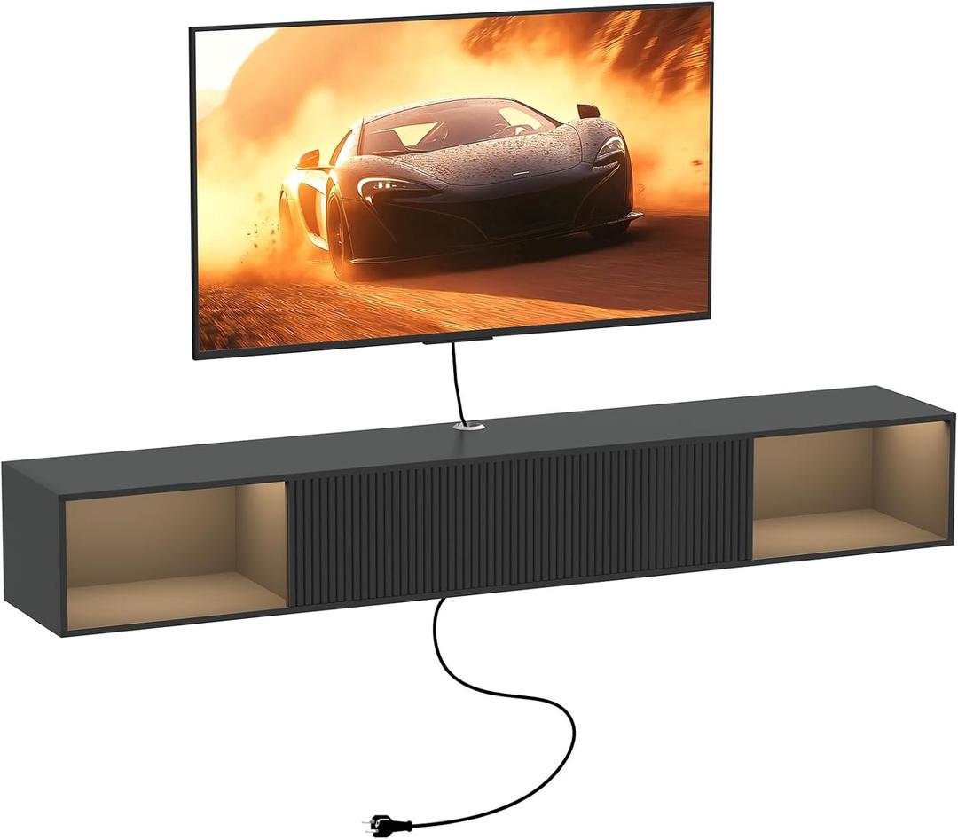 55" Floating TV Stand with LED Light, Floating TV Stand Wall Mounted, Floating Entertainment Center with Storage Long for Bedroom, Wood Floating TV Shelf for Living Room (Black)
