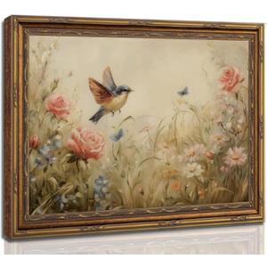 Framed Vintage Floral Bird Canvas Wall Art Rustic Cottagecore Rose Floral Sparrow Painting Picture Wall Decor Poster Print Artwork for Bedroom Living Room Home Decoration (24"L x 16"W)