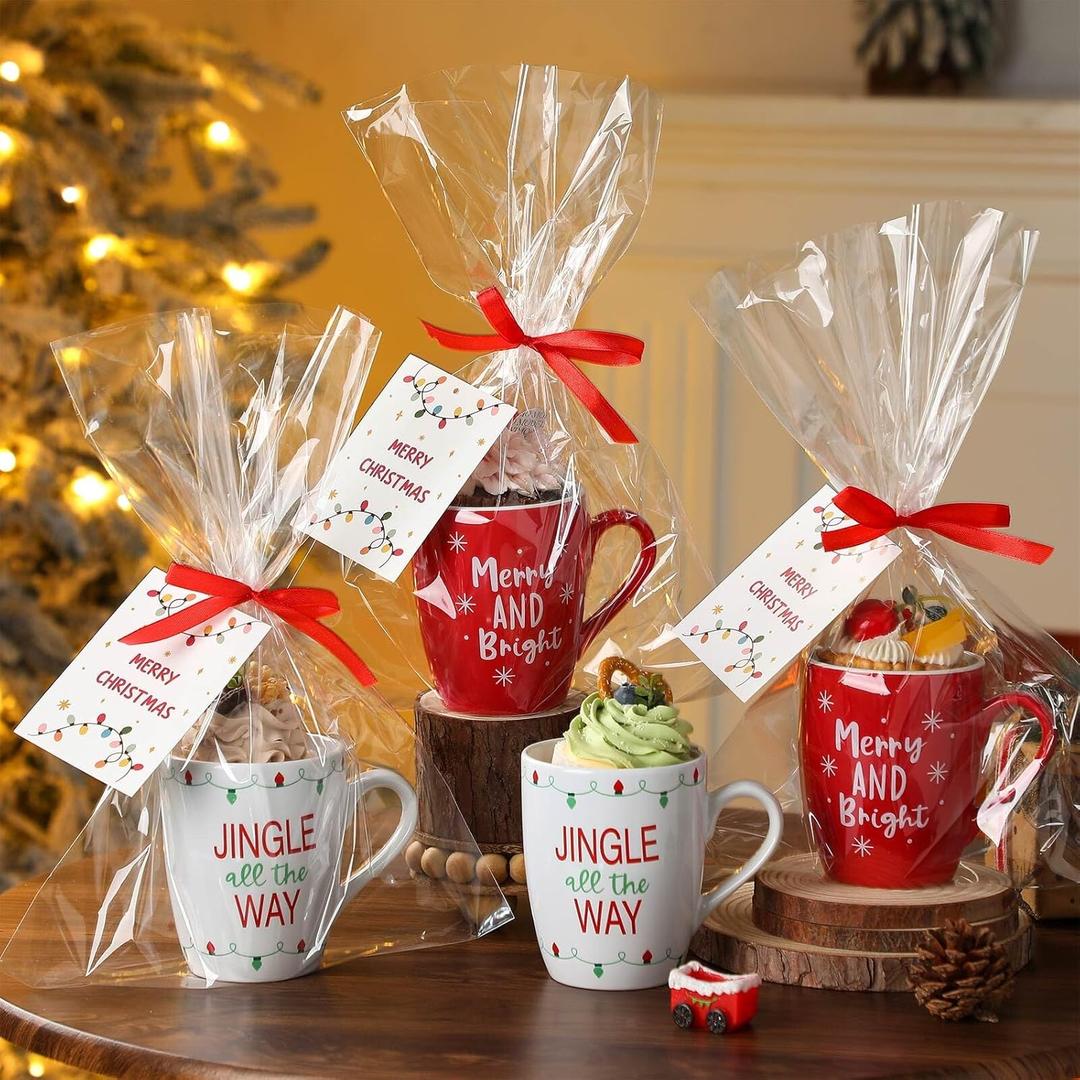 4 Set Holiday Sayings Gift Mug Christmas Ceramic Mugs with Packaging Bags Ribbons and Blessing Cards Christmas Tea Cup for Coffee Milk Hot Cocoa Xmas Winter Gifts