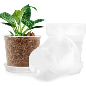FUIJOL 6 Inch Clear Nursery Pots for Plants with Sacuers 15 Pack, Plastic Flower Pots with Drainage Holes, Variety Pack Seedlings Garden Pot for Indoor Outdoor (6 inch)