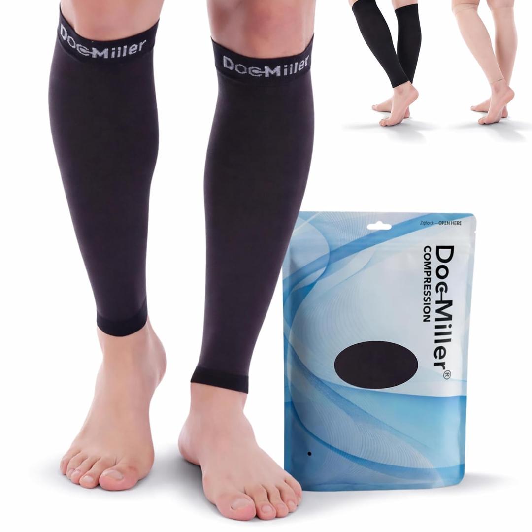 Doc Miller Calf Compression Sleeve for Petite Women & Men, 15-20 mmHg, Footless Leg Sleeve Brace for Varicose Veins, Pregnancy, Running & Cycling, Knee-High, Shin Splints, Recovery, 1 Pair (Large, Black)
