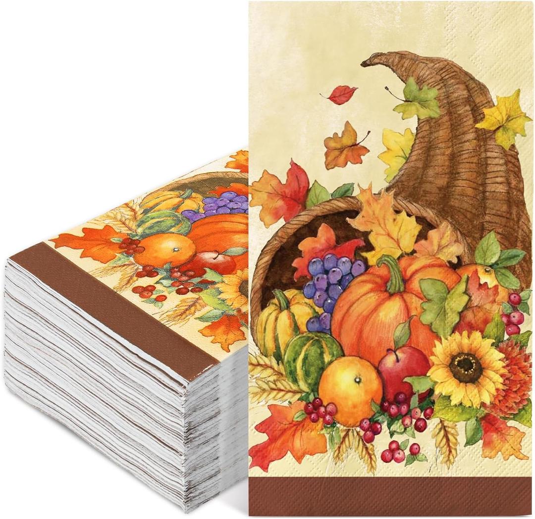 Generic 100Pcs Fall Guest Napkin Autumn Pumpkin Maple Leaf Disposable Paper Napkin Decorative Party Dinner Hand Napkin for Thanksgiving Harvest Home Kitchen Bathroom Party Supplies