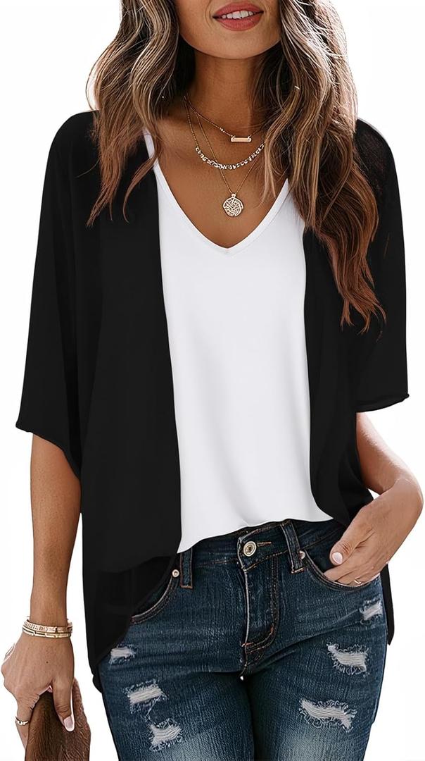 LILBETTER Women Lightweight Chiffon Cardigan Puff Sleeve Loose Beach Wear Cover Up Blouse Top (Large, Black)