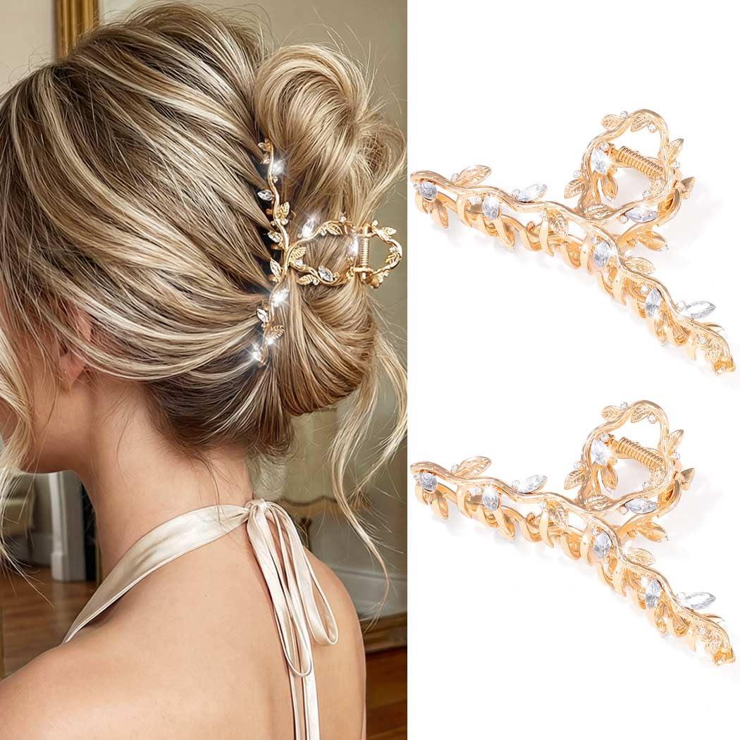CAKURE Gold Claw Clip Rhinestone Hair Clips Large Fancy Hair Claw Clip Hair Accessories for Women (Pack of 2) (b-gold)