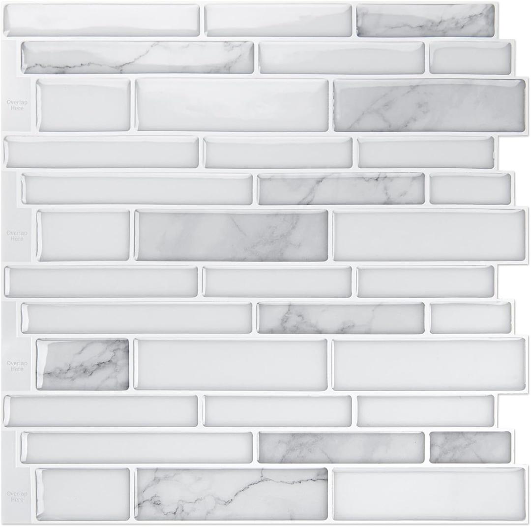 Art 3D 10-Sheet Premium Stick On Kitchen Backsplash Tiles, 12"x12" Peel and Stick Self Adhesive Wall Tiles, White Marble Design