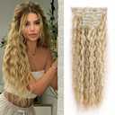 Clip in Hair Extensions, 6PCS Hair Extensions 22" Synthetic Long Curly Wavy Blonde Highlights hair extensions Natural Thick Deep Wave Hairpieces